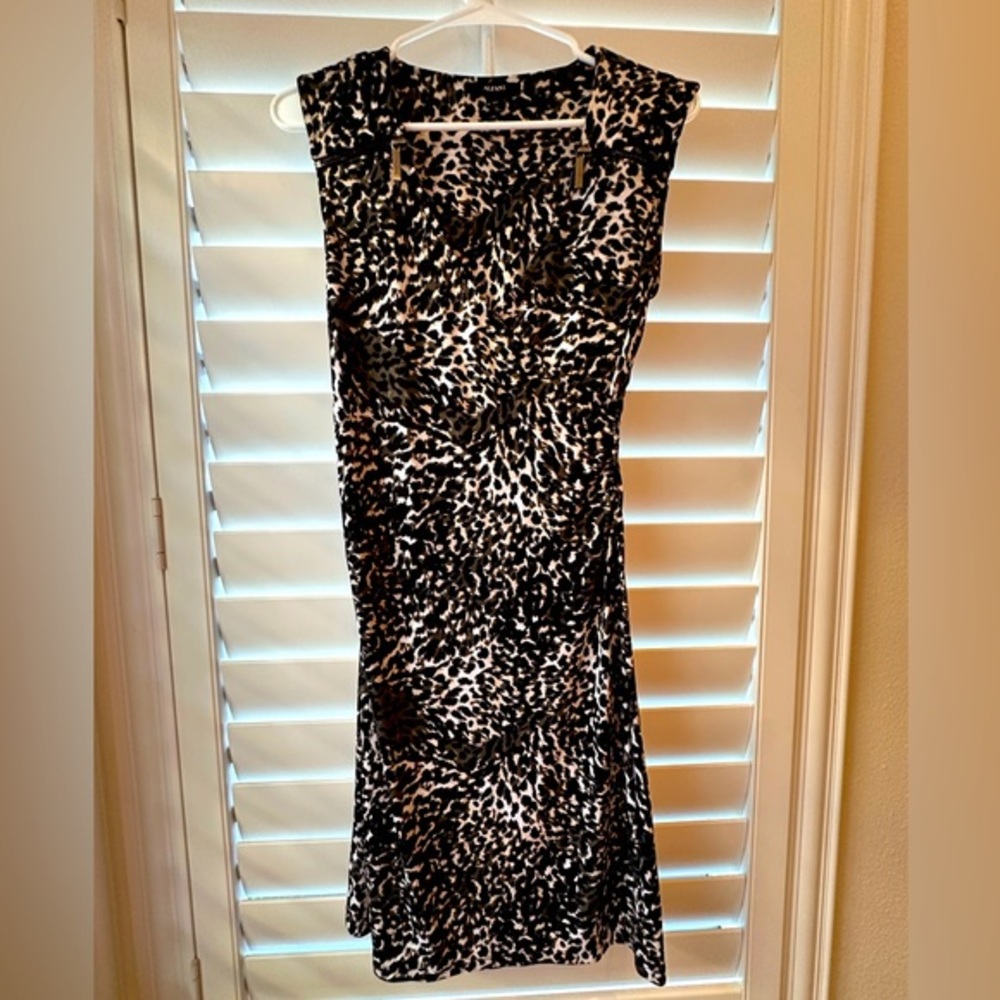 Alfani Chic Black & White Leopard Patterned Midi Sheath Dress w/Zipper Detailing